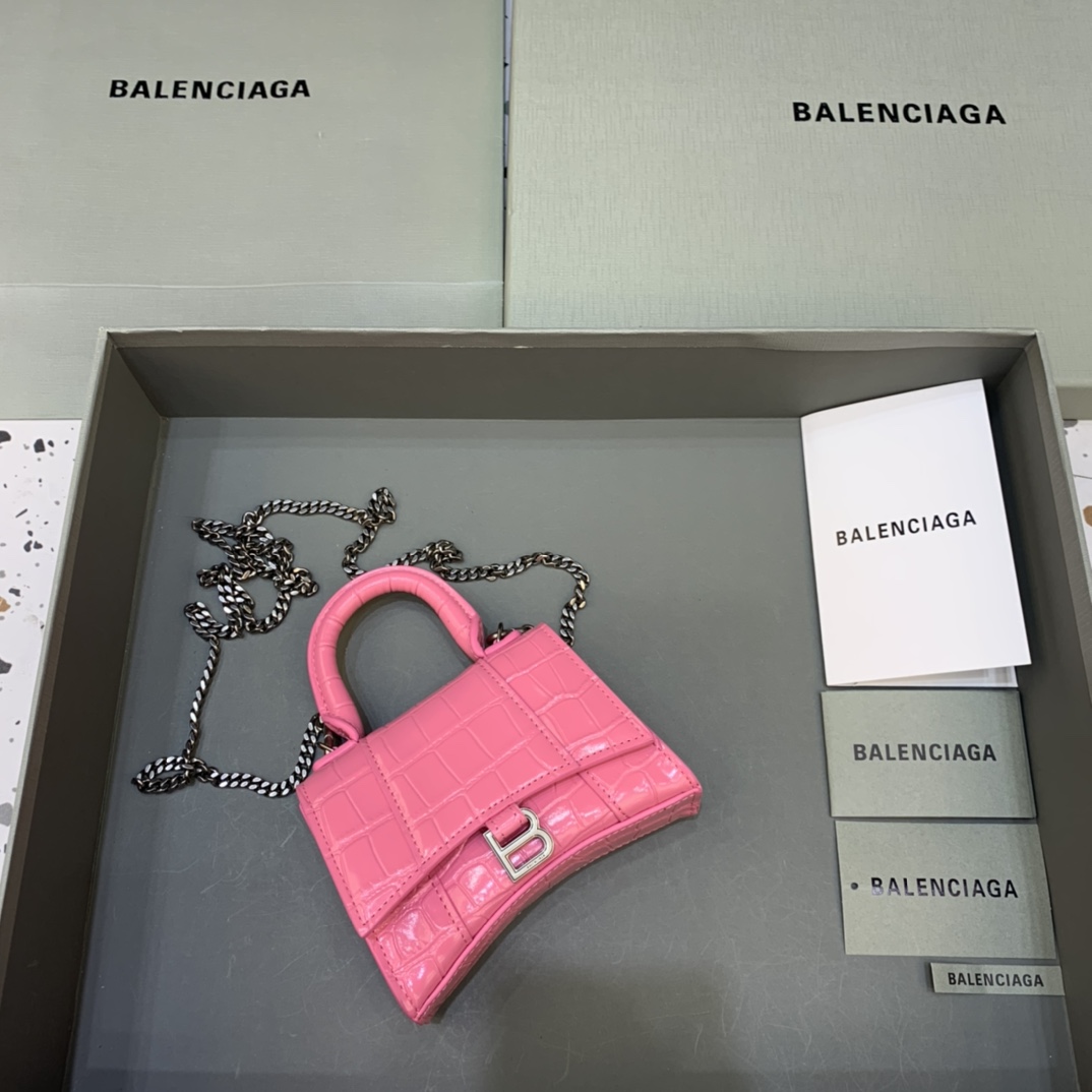 Balenciaga Hourglass Mini Handbag With Chain Crocodile Embossed Shoulder Bag Pink